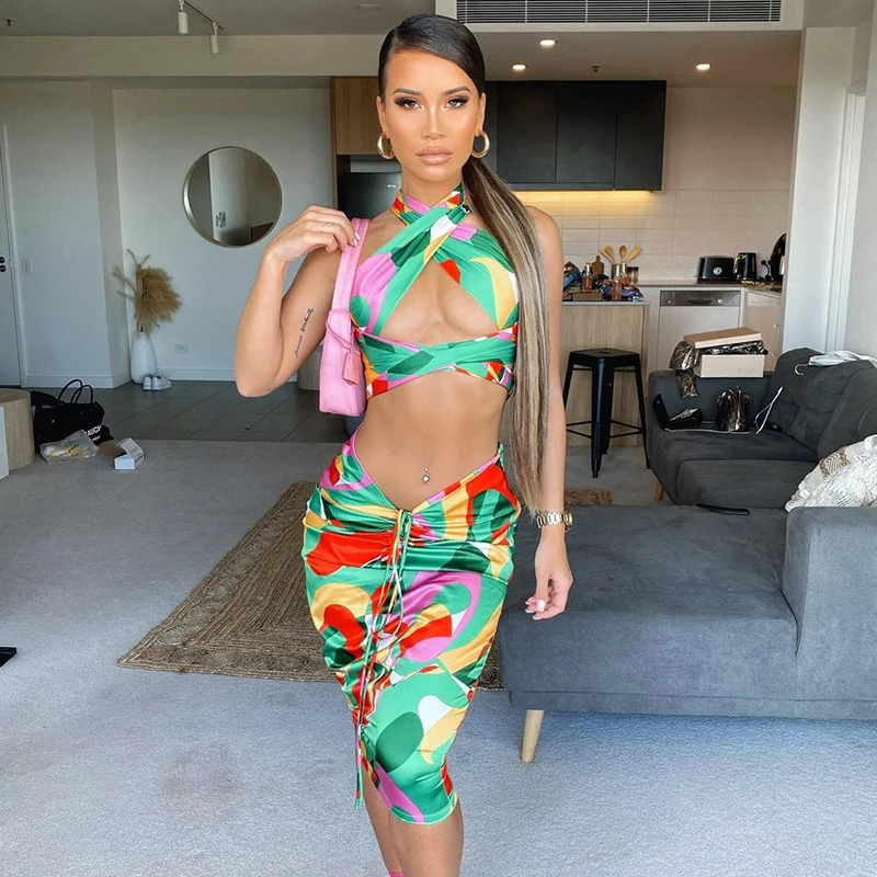 

New arrivals dress sexy multiple wear print tie top skirt sets women 2 piece outfits two piece skirt set