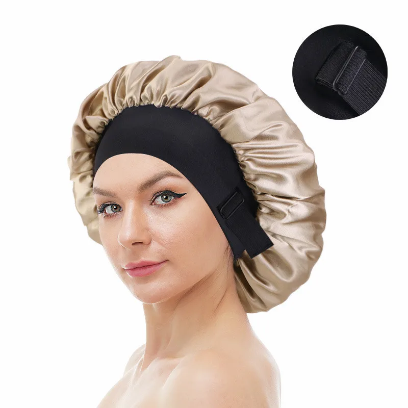 

Double Layer Adjustable Plain Silky Hair Bonnets Night Sleep Solid Color Satin Adjust Size Lining Bonnet for Women