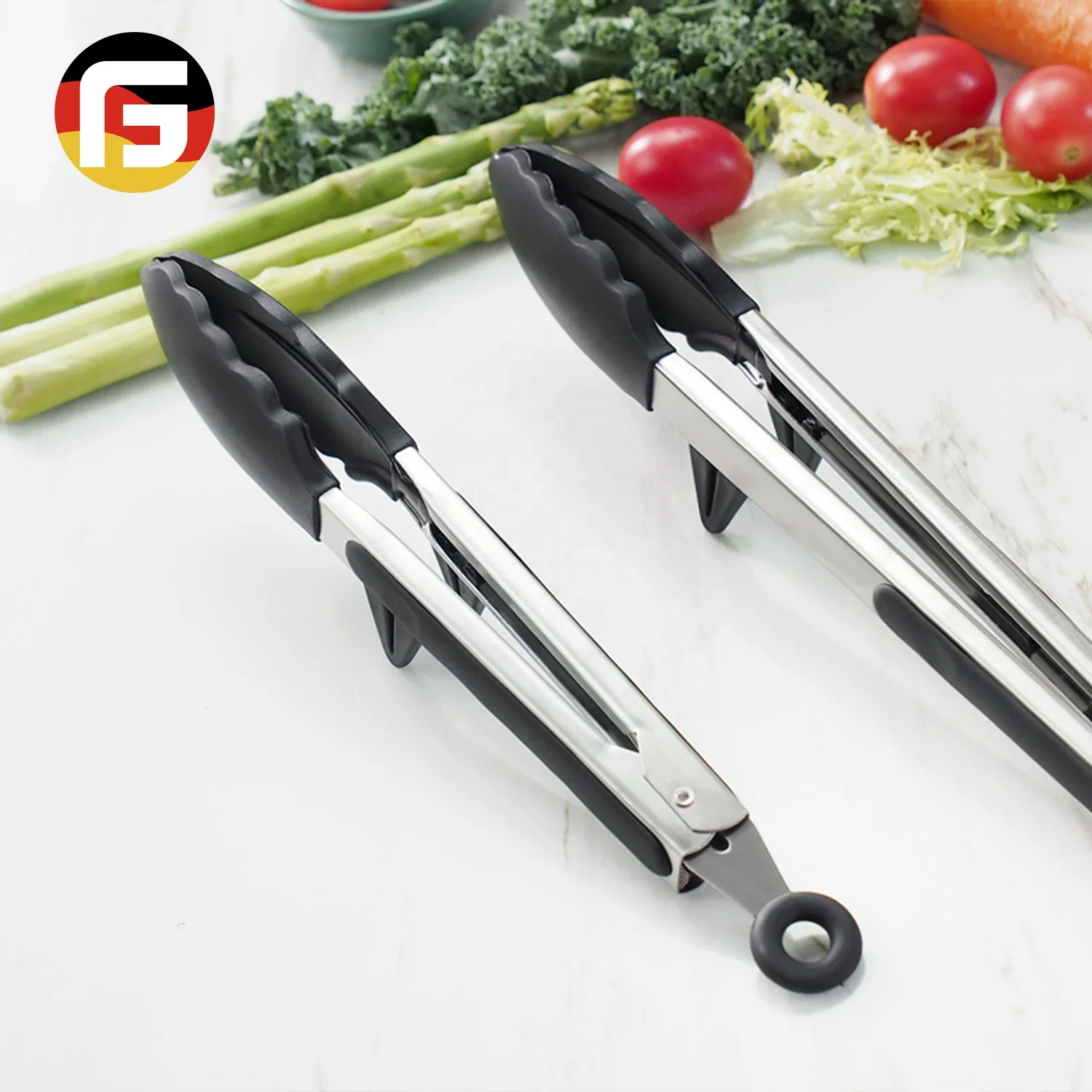 

9 " & 12" Premium Nonstick Locking Silicone Serving Tongs Set with Holder Stand, Black, red