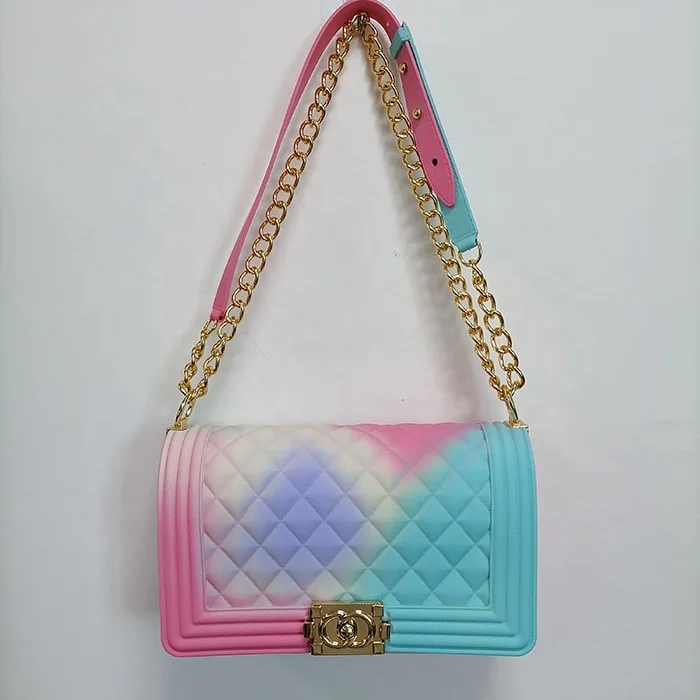 

Summer Fashion luxury rainbow chain lady bags candy clear women handbag bag ladies purses and handbags colorful jelly purses, Rich
