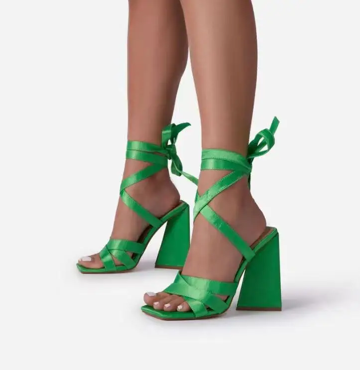 

113182 iHeeled shoes cross strap lace up women sandals square peep toe sculptured flared block heels ladies pumps summer fashion