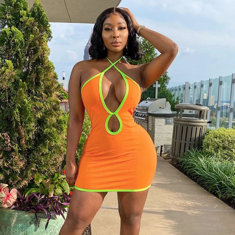 

CuteNOVA K21DS422 Contrast hem dress Sleeveless Halter Backless Sexy Dresses Women Fitted Mini Dress
