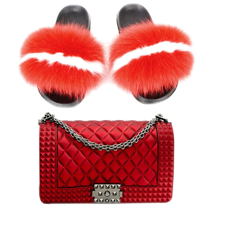 

500 PVC Matte Jelly Handbag with Women Indoor Night Party Real Fox Fur Slides Set
