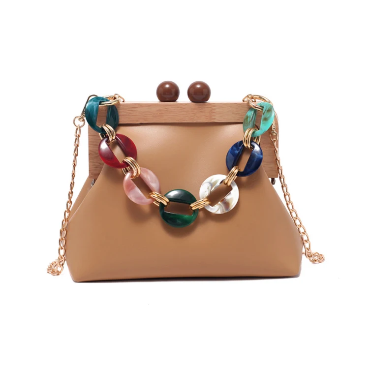

New Arrival borsetta Wooden Clasp Mini Handbag PU Leather Structured Bags Acrylic Chain Crossbody Shoulder Handbags For Ladies