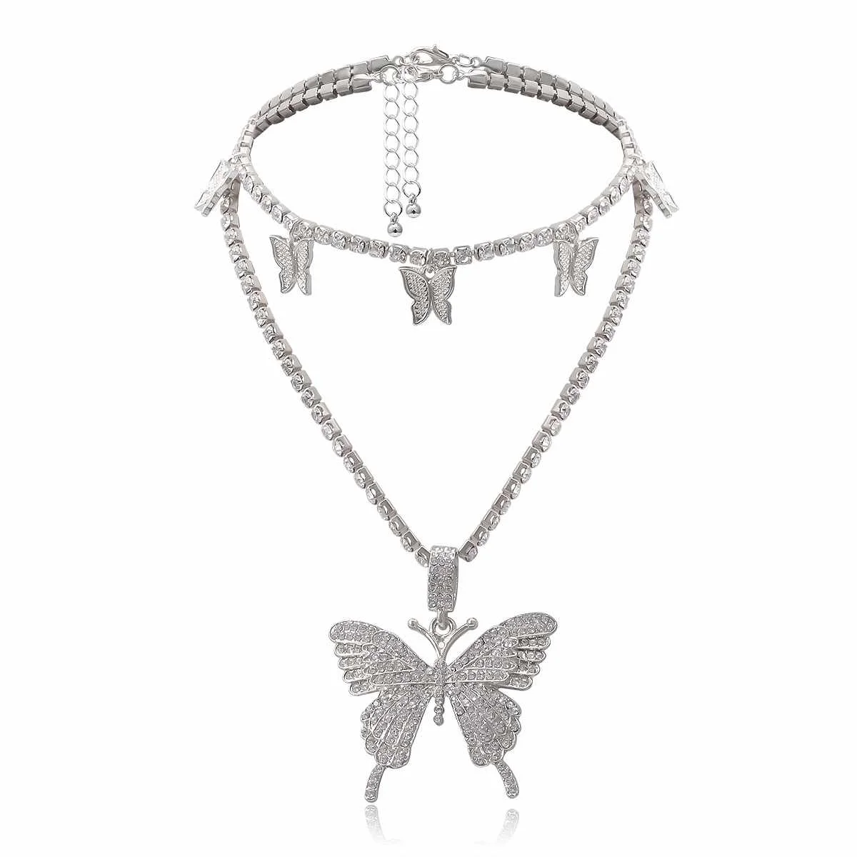 

2Pcs/Set Hip Hop Gold/ Silver Butterfly Pendant Chain Crystal Choker Necklace Jewelry for Female