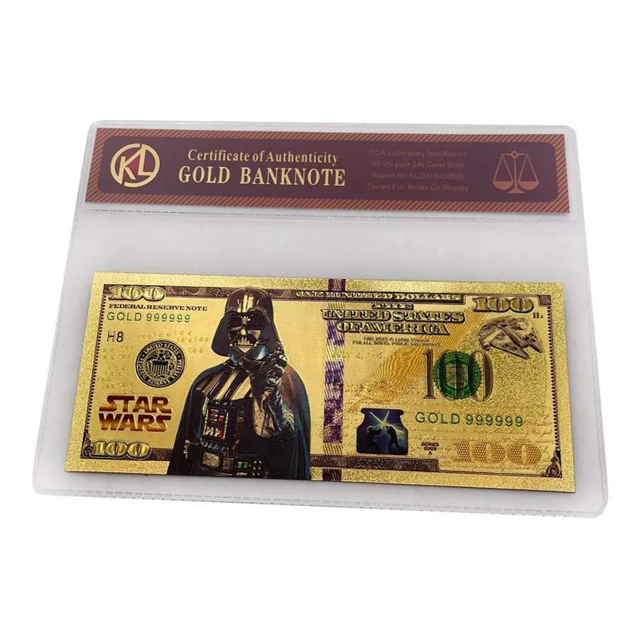 

USA Anime Cartoon Gold Banknote Star Movie Characters Wars Card Master-Yoda Anakin-Skywalker Tickets With COA Plastic bag Gift