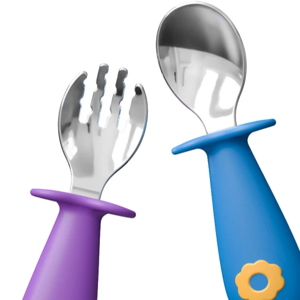 

Baby stainless steel training feeding fork and spoon cutlery set with store box case