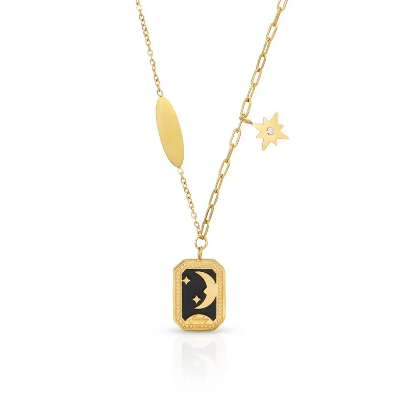 

Chris April in stock fashion jewelry 316L stainless steel PVD gold plated dainty moon and star pattern pendant necklace, Yellow gold