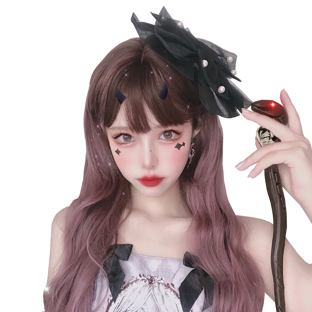 

Brown Gradient Purple Long Wavy Synthetic Hair Wig with Bangs Cosplay Party 26 Inch Lolita Japanese Sweet Wig, Pic showed