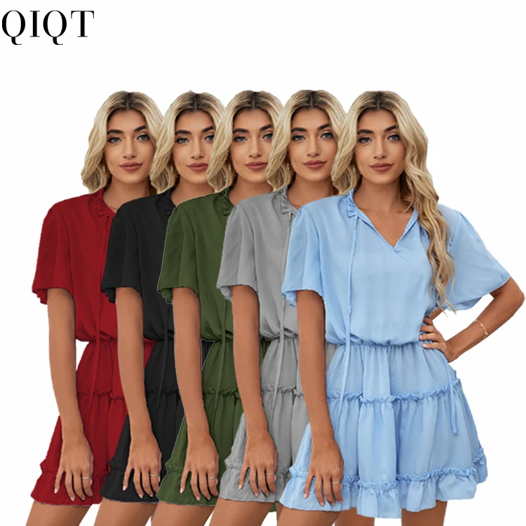 

New Style Solid Color V Neck Drawstring Summer Dresses Women Casual Elegant Long Dresses