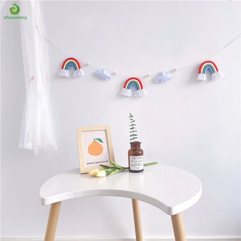 

Ins Hot Sale Mini Cloud Rainbow With Macrame Garland Baby Crib Cot Decoration Baby Room Wall Hanging Newborn Mobile Toys