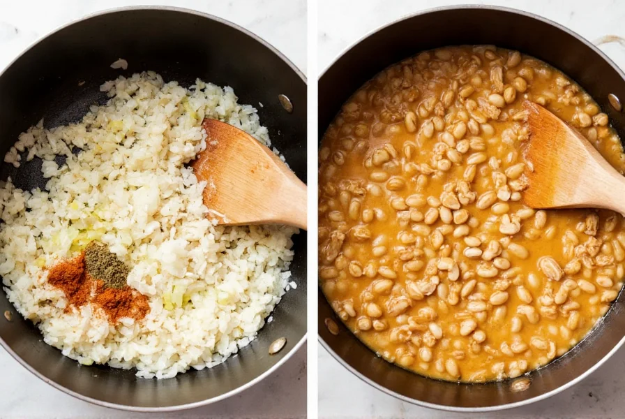 Step-by-step white chicken chili preparation showing sautéed onions, garlic, and spices in a large pot before adding beans and chicken