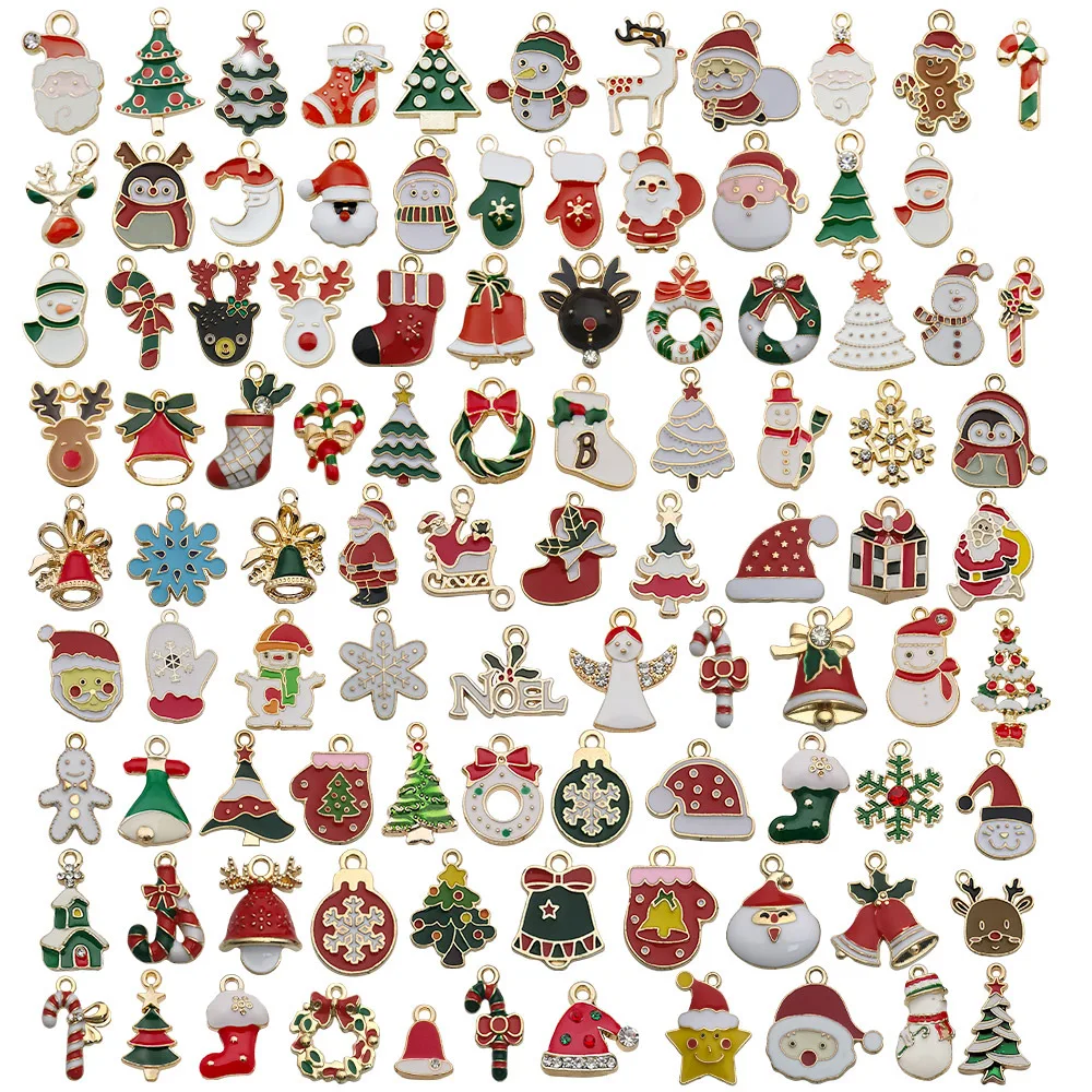 96pcs/lot Christmas Charms Pendants Enamel Bracelet Party Home Metal Craft Decoration Tree Hanging DIY Jewelry Accessories