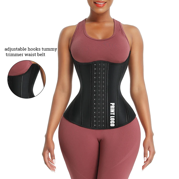 

New Listing Custom Logo Compression Adjustable Hooks Women Fat Tummy Control Body Shaper 100% Latex Waist Trainer Private Label, Black and pink