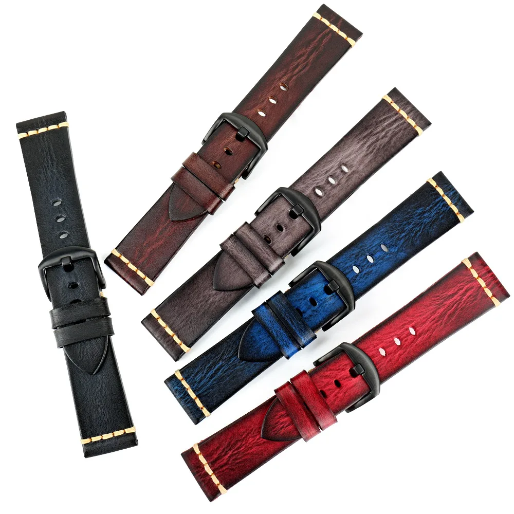 

MAIKES Hand Made Watch Band 18 19 20 21 22 23 24 26mm Genuine Cow Leather Watch Strap Handmade Brushed Color Vintage Watchband, 7 colors