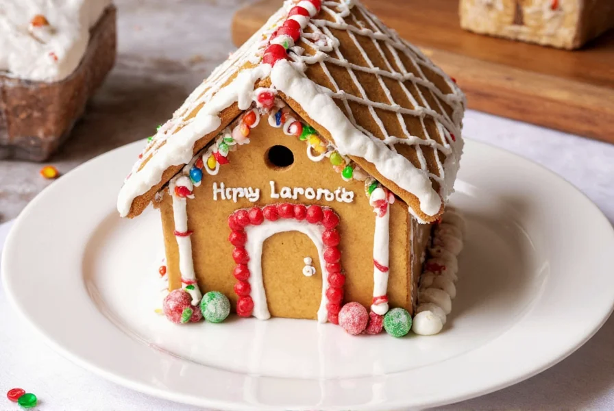 Modern geometric gingerbread house with clean lines, white chocolate panels, and edible metallic accents on a marble surface