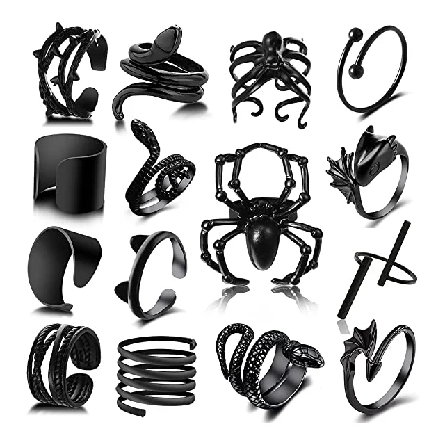 

2021 New  Adjustable Black Retro Punk Ring Snake Bat Spider Shape Cool Gothic Halloween Ring for Unisex