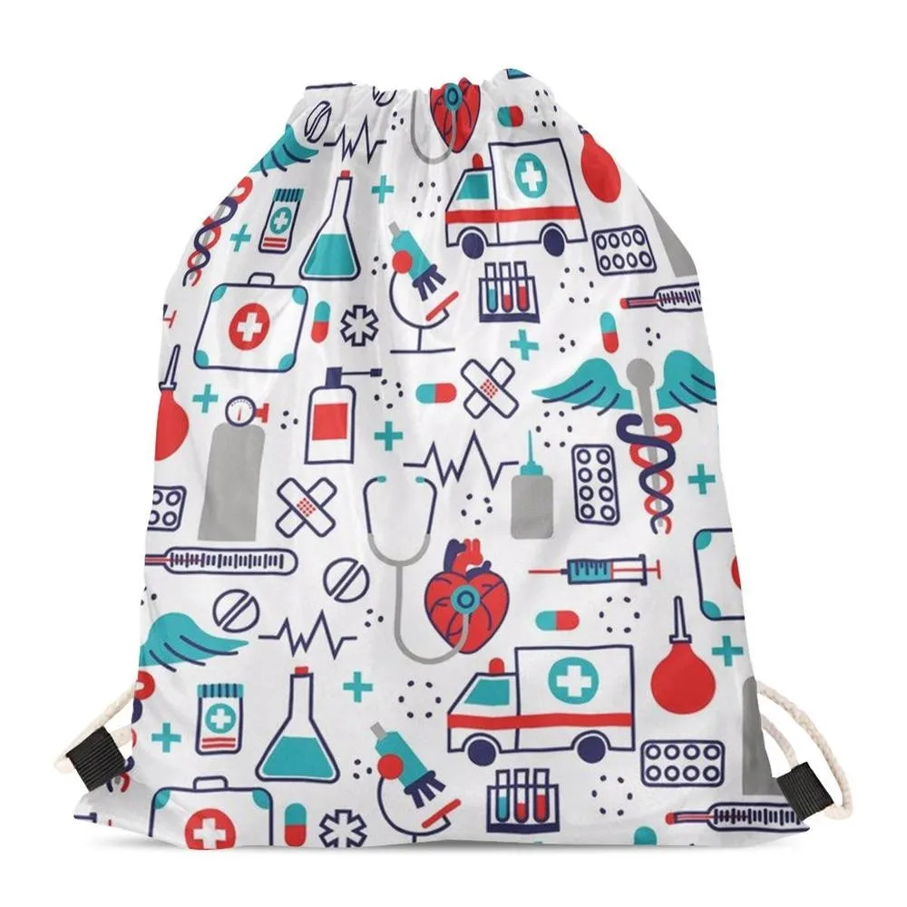 

Custom Printed Drawstring Shoe Bags Cute Cartoon Nurse Medical Equipment Woman Man Fitness Bags Small Sports Gym Draw String Bag, Customized color promotional bag