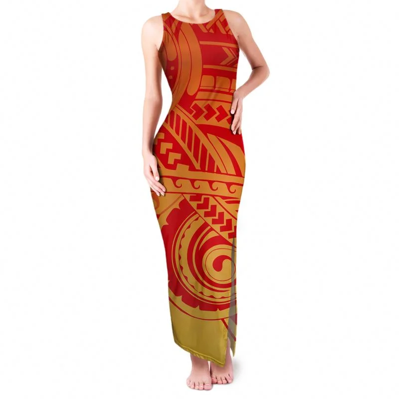 

Red Samoa Lokostyle Gowns Sleeveless Tank Top Dress Polynesian Tribal Ethnic Style Puletasi Tatau Design Maxi Dress Dropshipping
