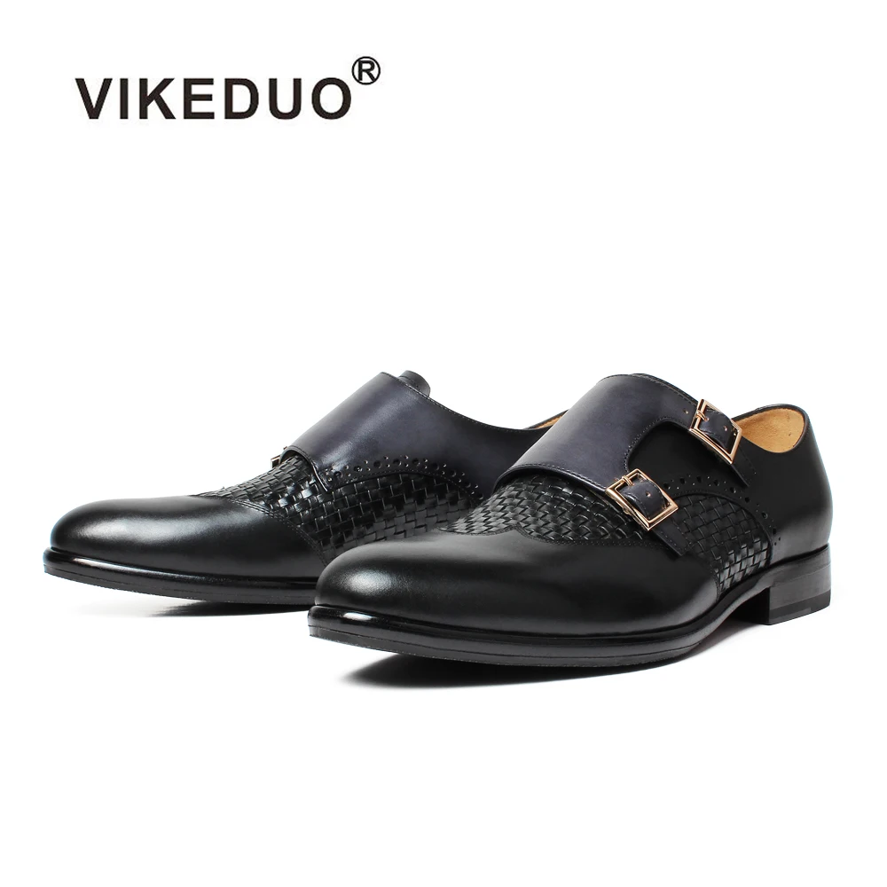 

Vikeduo Hand Made Black Grey Calf and Weave Leather Single Monk Strap Footwear Trending Mens Shoes Guangzhou Official Mens Shoes