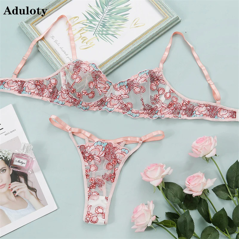 

New sexy women's sexy lingerie set mesh see-through embroidered underwear underpants underwire bra and thong erotic underwear