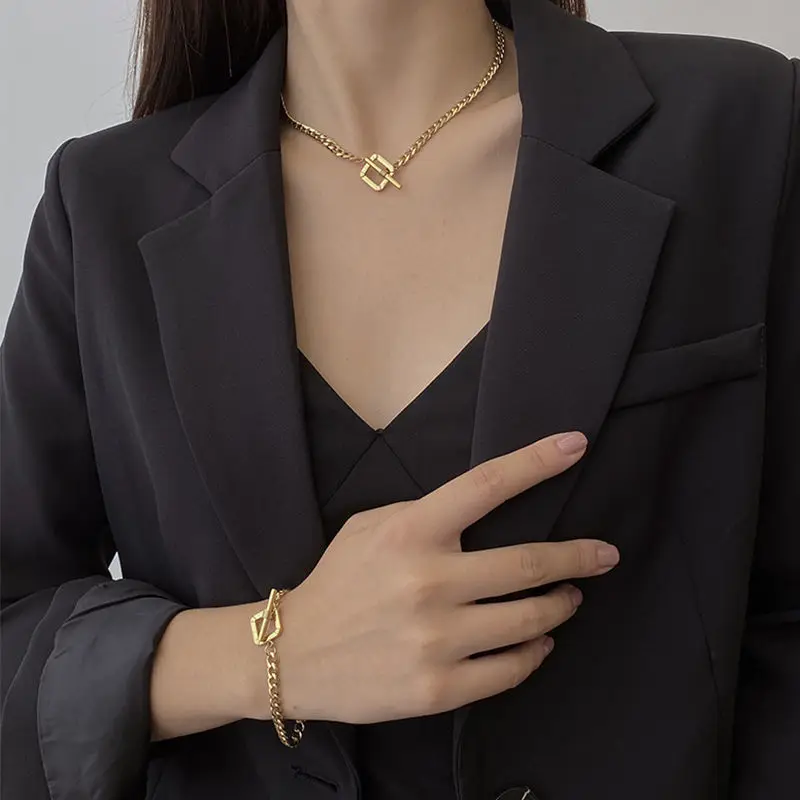 

High Quality 316L Titanium Steel Necklace Bracelet Gold Thick Chain Necklace Ot Buckle Bracelet Necklace Jewelry