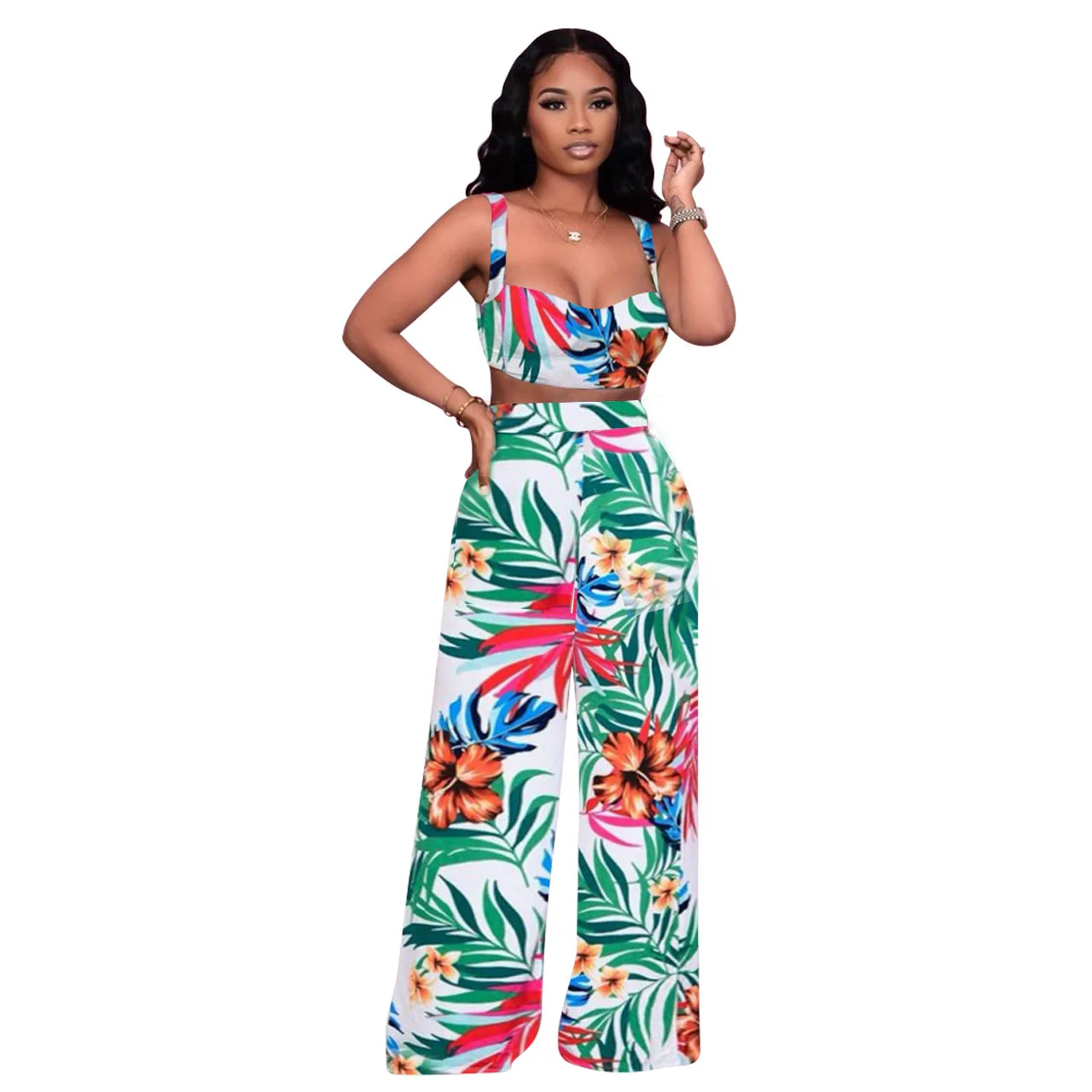 

DLL fashion design summer clothes Printed holiday style tank top and Wide leg pants sexy two piece sets women