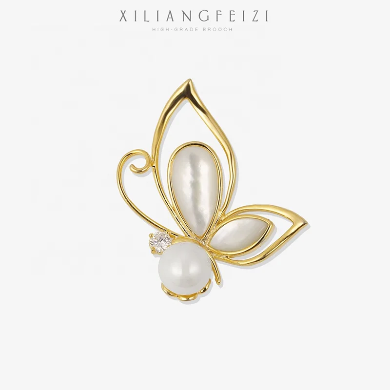 

XILIANGFEIZI Custom Trendy Luxury Zircon Pearl Shell Crystal Jewelry Corsage Women Men Graduate Suit Decorate Butterfly Brooches, Gold