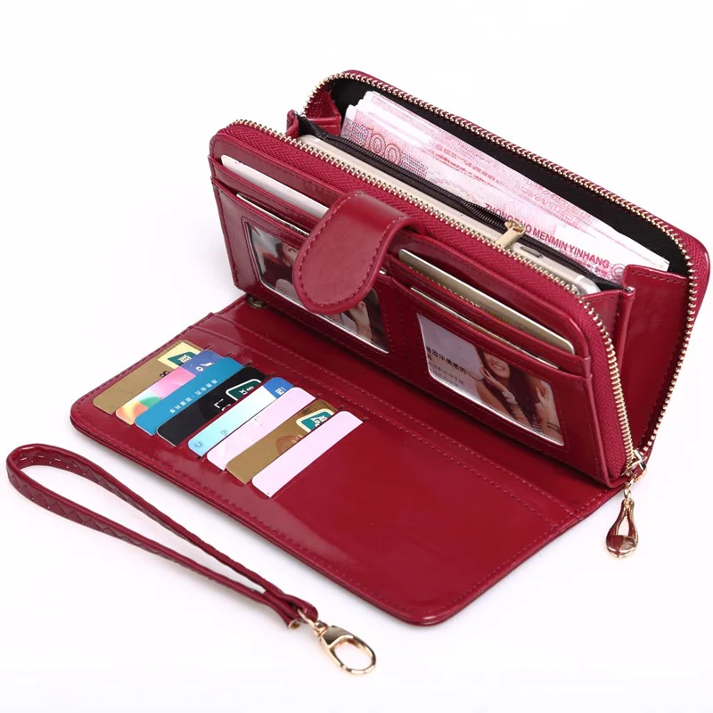 

Hot Sale Latest Fashion Ladies Long Zipper Cell Phone Clutch Purse Female Wax Leather Card Wallet Women, Burgundy