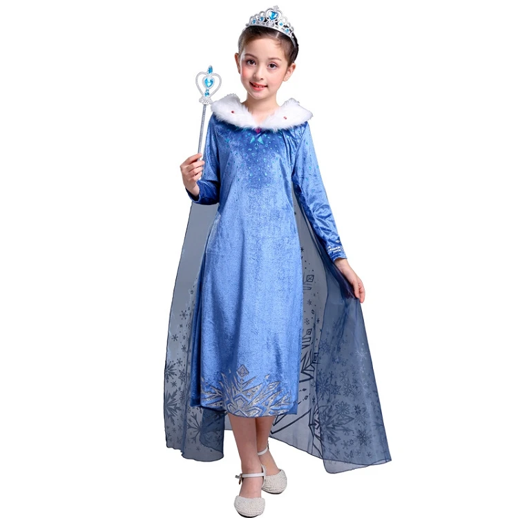 

M1049 Autumn Girl Snow Queen Costume Princess Fancy Frock Halloween Kids Party Cosplay Dresses, Blue