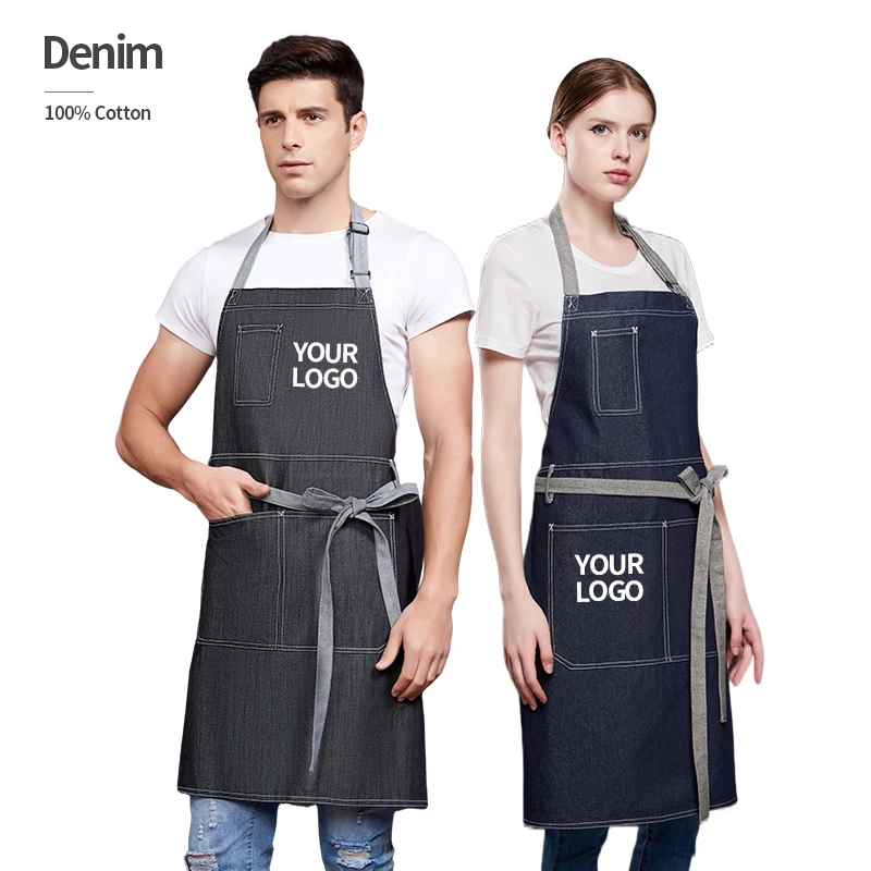 

denim egg apron custom logo black denim bib apron with pockets 100% cotton barber denim apron