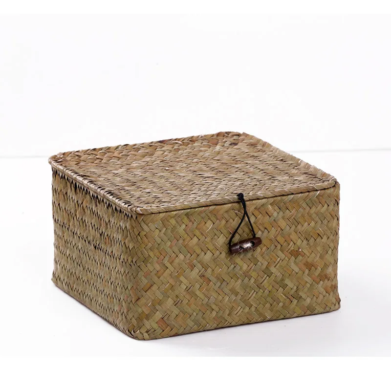 

012S India Seagrass Products Weaving Storage Basket Seagrass Box With Lid, Khaki,natual color,orange,white