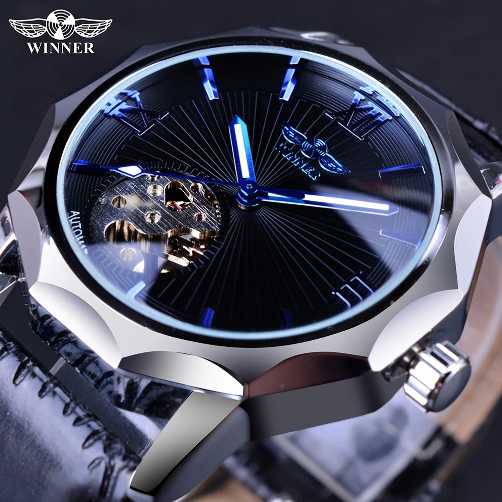 

Winner Men Watch Blue Ocean Geometry Design Transparent Skeleton Dial Top Brand Luxury Automatic Fashion Mechanical Watch Clock, 15-colors