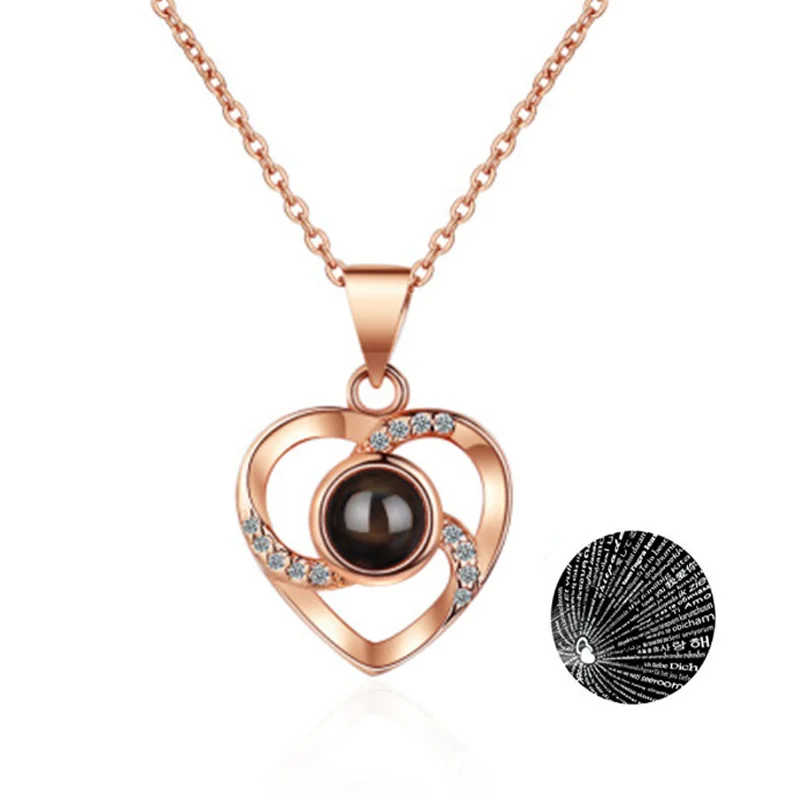 

Korean Necklace Women Alloy Projective Necklace Valentine's Day Heart Rose Gold 100 Languages I Love You Necklace