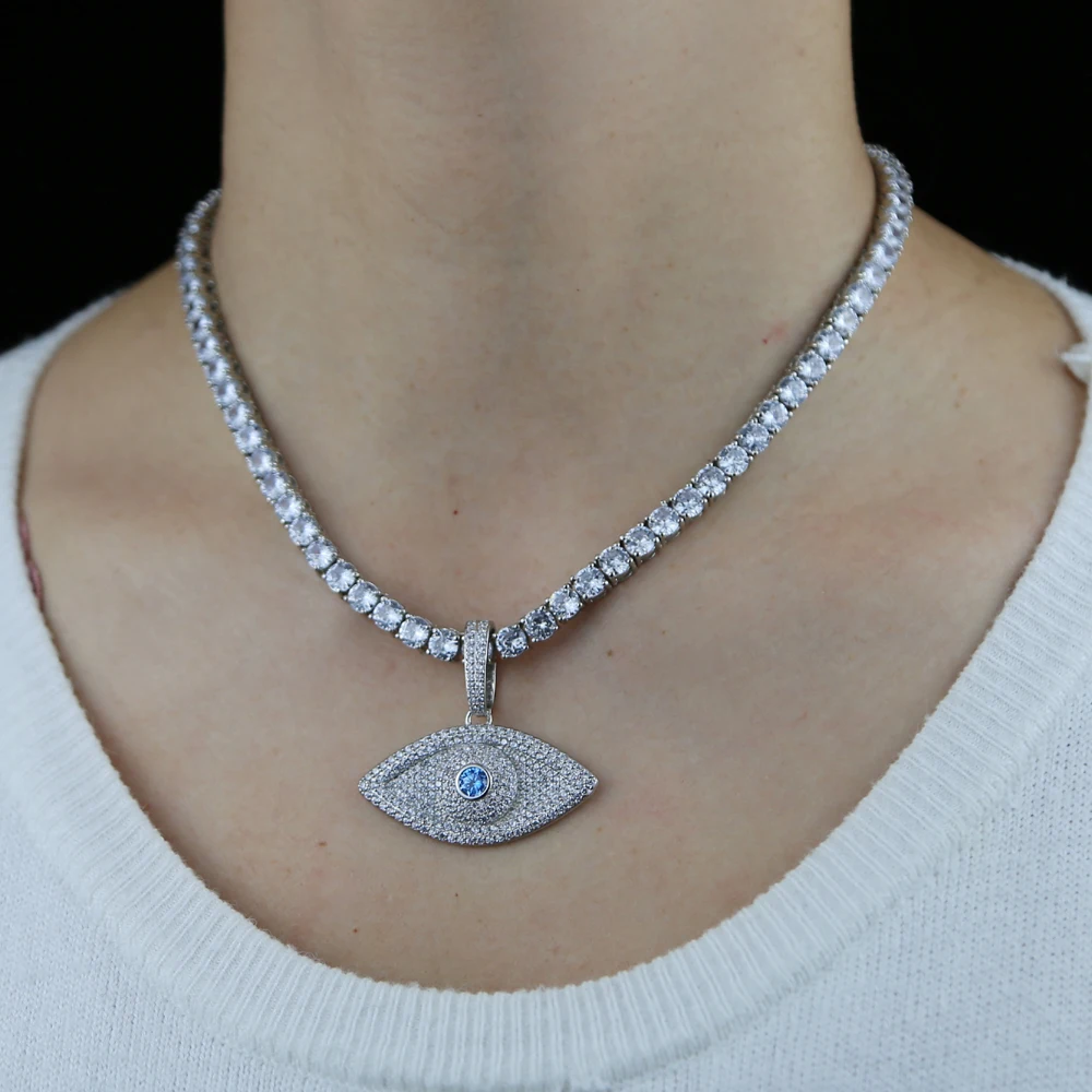 

Top quality 5A sparking bling women jewelry cz tennis box chain evil eye pendant necklace