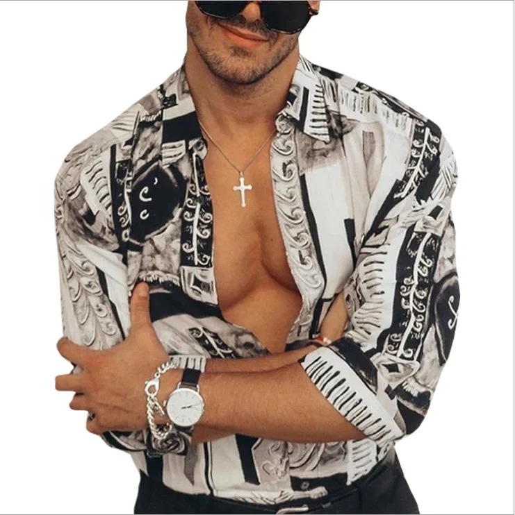 

2021 Spring Mens Vintage Shirts New Casual Button Turn-down Collar Tops Male Autumn Long Sleeve Fashion Pattern Print Streetwear