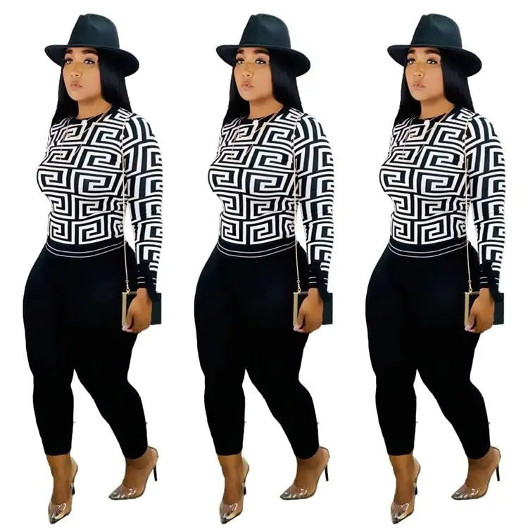 

Wholesale Fall 2021 Women Clothes Designer Pattern Trending Outfit Long Sleeve Two Piece Pants Set