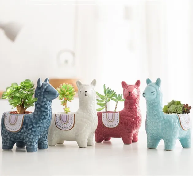 

Desktop Colorful Ceramic animal Flower Mini Ornament Pots Alpaca Succulent Pot