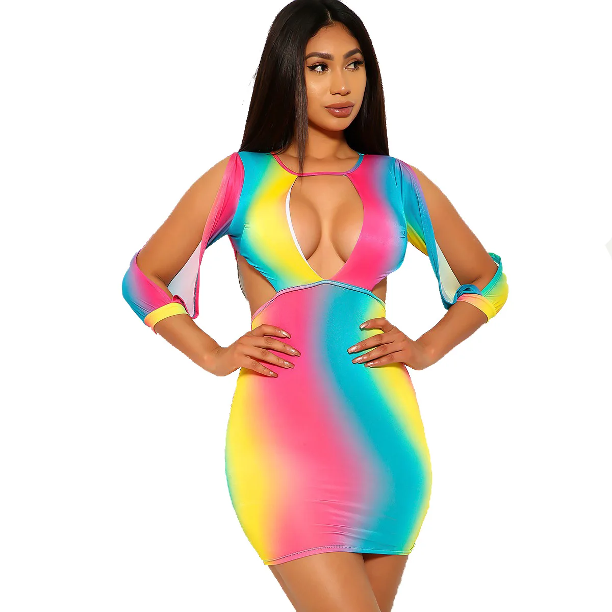 

M080 Irregular Long Sleeve Cuff Open Chest Gradient Packet Buttock Women Stylish Sexy Long Sleeve Dress, Customized color