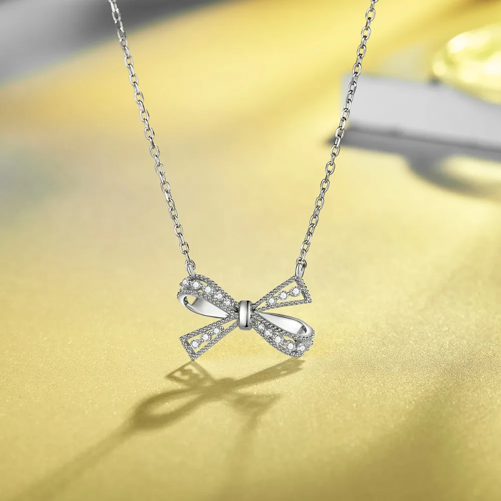 

Women Bowknot Necklace Crystal Pendant Chain 925 Sterling Silver Necklace for Female High Quality Silver Jewelry