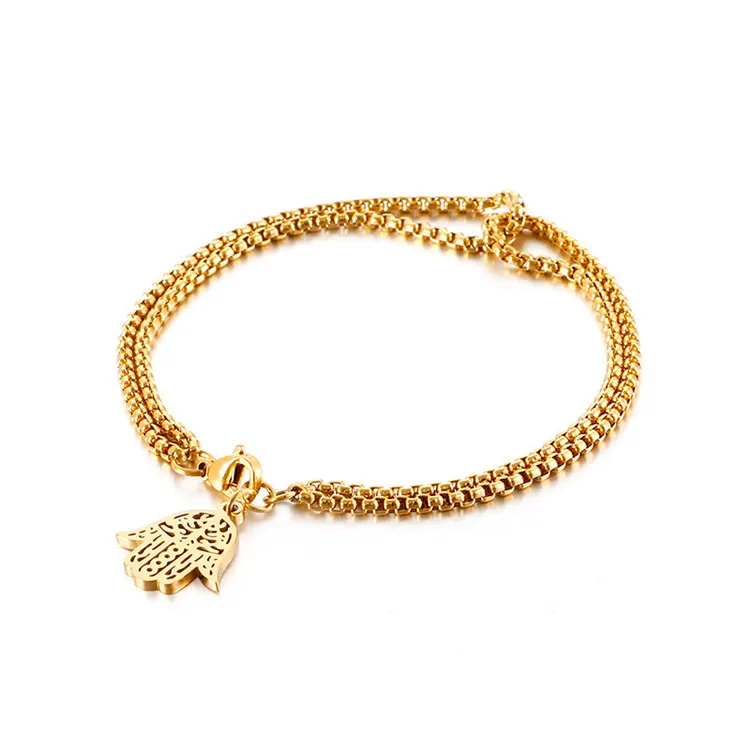 

Gold Plated Hollow Hamsa Hand Double Chain Bracelet