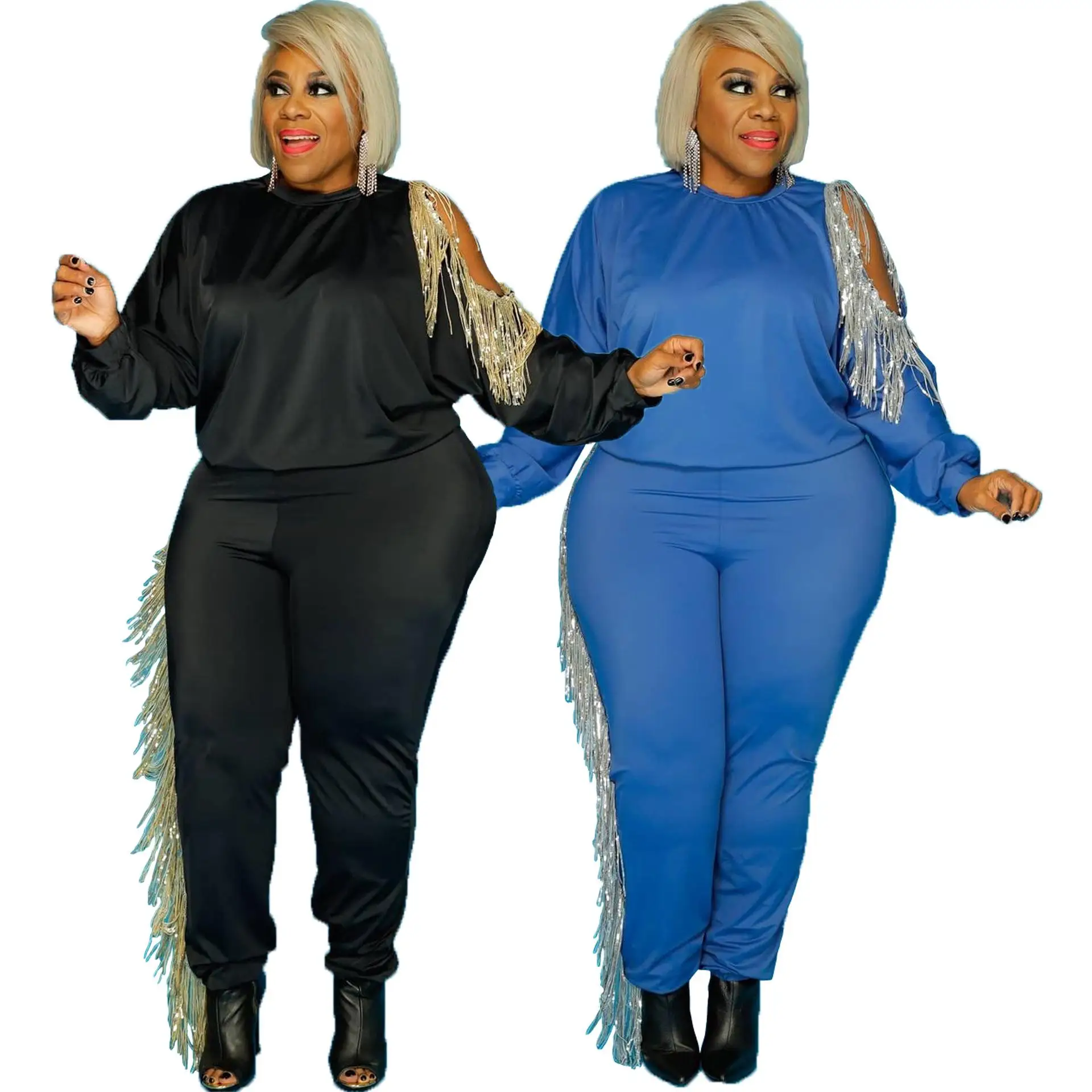 

Winter Women Plus Size Two Piece Pants Set Tassel Long Sleeve Plus Size 2 Piece Sets, As pictures