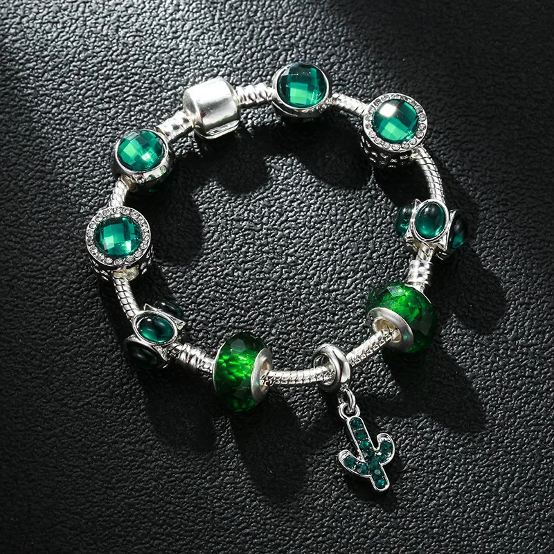 

Trendy Noble Design Crystal Rhinestone Round Emerald Beads Bracelets CZ Micro Pave Cactus Charm Bracelets