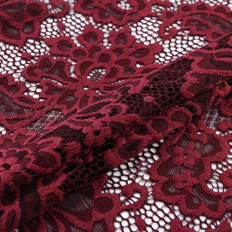 

Burgundy red hot sale free sample hole tulle embroidery lace fabric