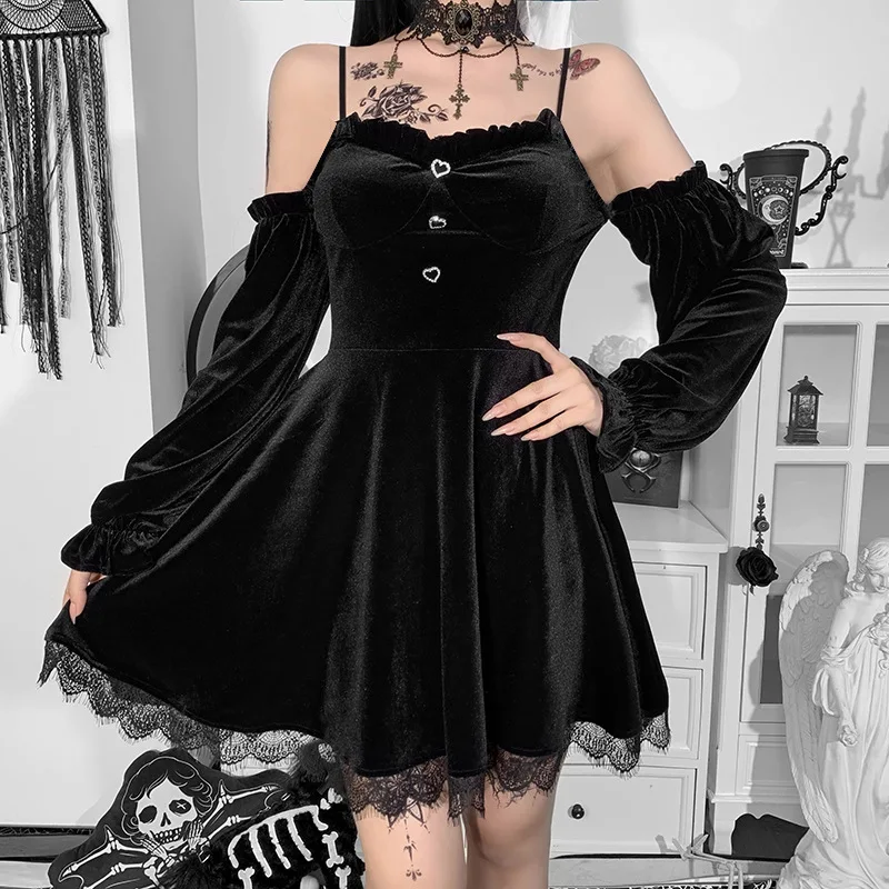 

Gothic Off Shoulder Velvet Black A-LINE Dress Aesthetic Lace Backless Long Sleeve Dress Women Elegant Party Sexy Dresses