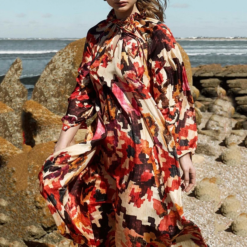 

2021 New Design Fashion Lady Lantern Sleeve Long Sleeve Dress Lace Print Retro Dresses For Women, Red