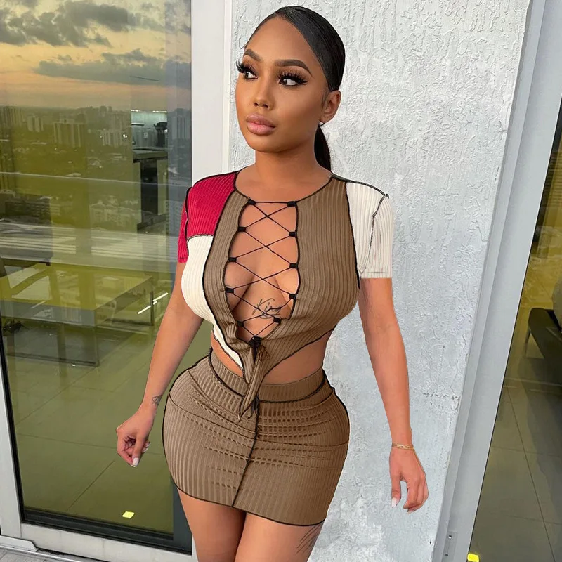 

L3032 - Skirt And Crop Top Sexy Short Sleeve Patchwork Strap 2 Piece Set Women