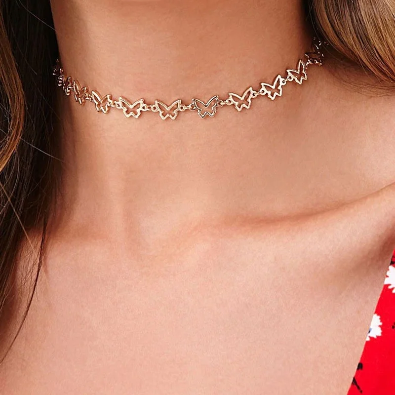 

Simple jewelry single layer gold hollow tiny butterfly choker necklace, Gold color