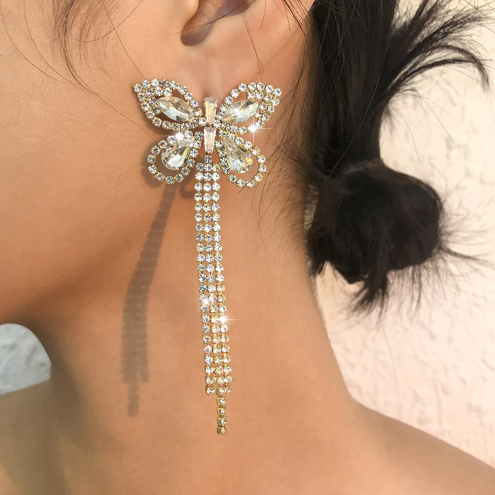 

Wholesale Luxury Ladies Full Diamond Crystal Butterfly Rhinestone Long Tassel Dangle Drop Butterfly Tassel Earrings