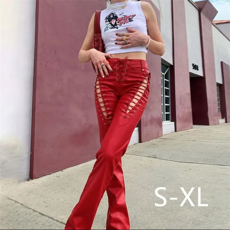 

Wholesale High Waist Elastic Faux Pu Red Orange Black Vegan Pant Women Flare Wide Leg Woman Leather Tie Up Pants, Picture